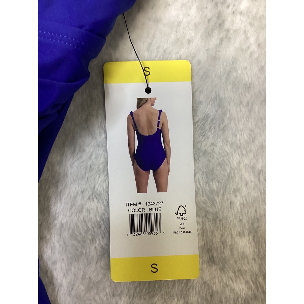 DKNY Womens Royal Blue Ruffle V-Neck Ruched One Piece Swimsuit Size S 1943727 - Picture 3 of 5